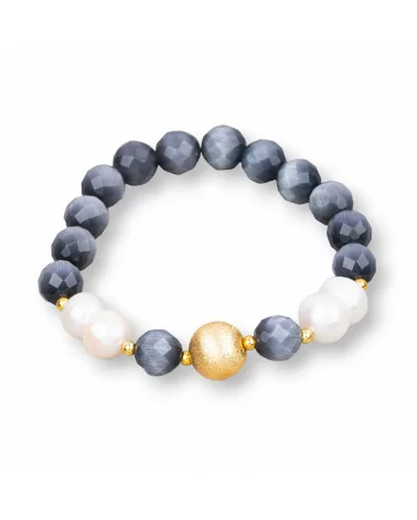 Bracciale Elastico Di Occhio Di Gatto 8mm Con Perle Di Fiume E Pallina Di Bronzo Grigio Bianco-BRACCIALI DI PIETRE E PERLE | Worldofjewel.com