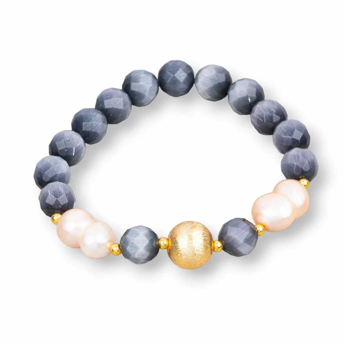 Bracciale Elastico Di Occhio Di Gatto 8mm Con Perle Di Fiume E Pallina Di Bronzo Grigio Rosa-BRACCIALI DI PIETRE E PERLE | Worldofjewel.com