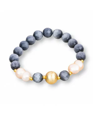 Bracciale Elastico Di Occhio Di Gatto 8mm Con Perle Di Fiume E Pallina Di Bronzo Grigio Rosa-BRACCIALI DI PIETRE E PERLE | Worldofjewel.com