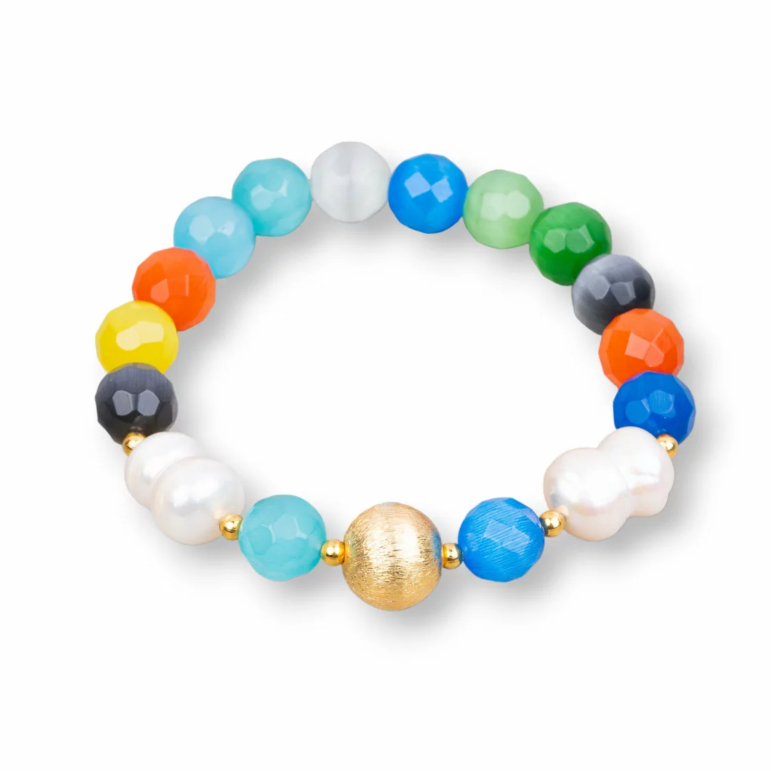 Bracciale Elastico Di Occhio Di Gatto 8mm Con Perle Di Fiume E Pallina Di Bronzo Multicolor-BRACCIALI DI PIETRE E PERLE | Worldofjewel.com