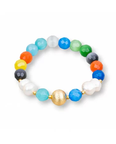 Bracciale Elastico Di Occhio Di Gatto 8mm Con Perle Di Fiume E Pallina Di Bronzo Multicolor-BRACCIALI DI PIETRE E PERLE | Worldofjewel.com