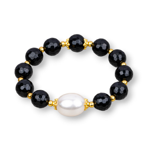 Bracelet fantaisie boules d'onyx noire mat et perle d'argent tressé