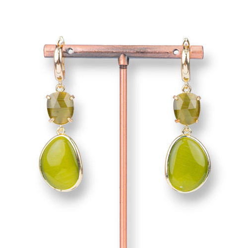 Boucles D'oreilles Puces En Bronze Avec Oeil De Chat Mangue Et Pendentif Lisse Vert Acide