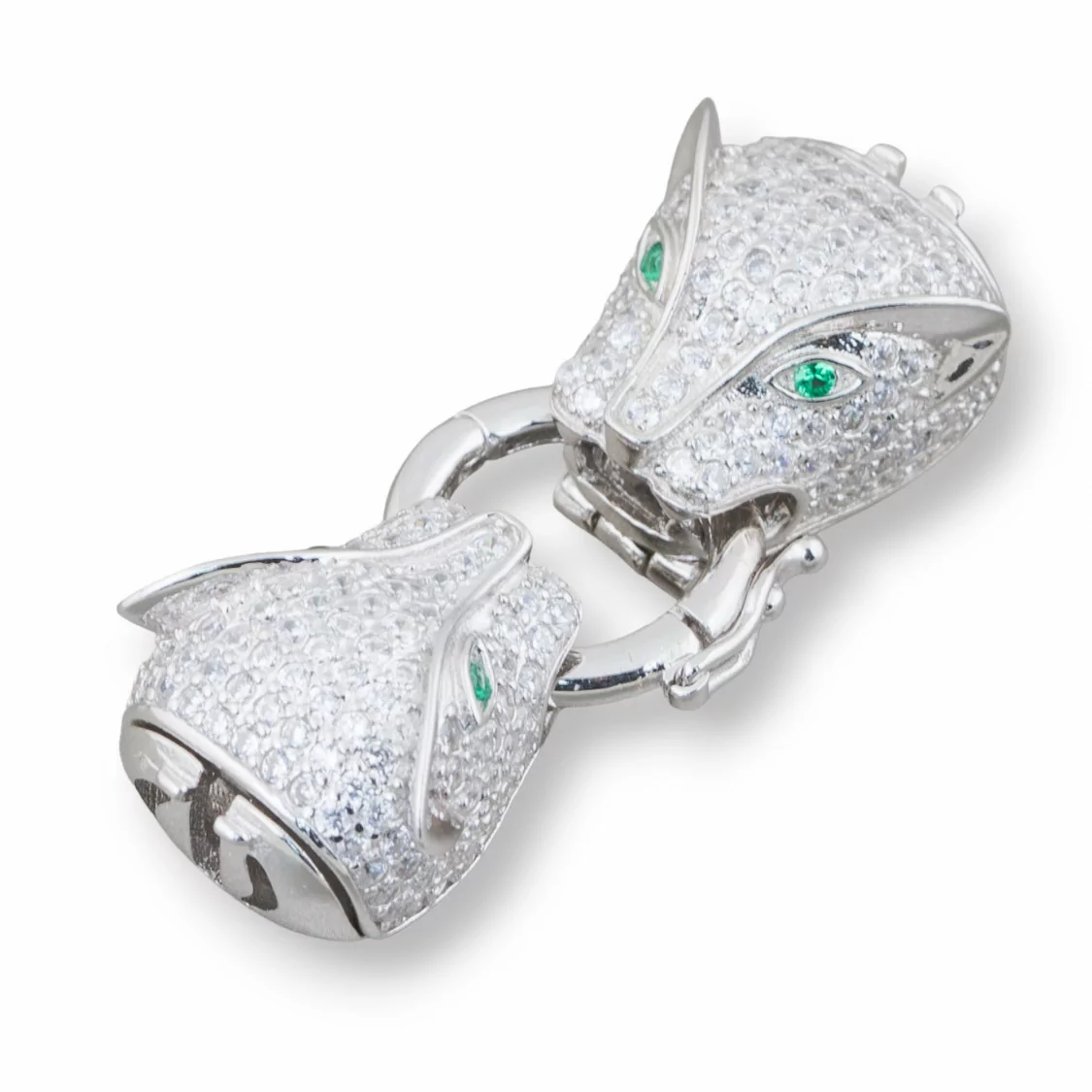 Chiusura Di Argento 925 Con Zirconi Testa Pantera Doppio Con Anello Centrale 13x39mm 1pz Rodiato Verde-CHIUSURE DI ARGENTO | Worldofjewel.com