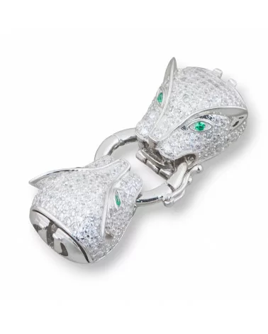 Chiusura Di Argento 925 Con Zirconi Testa Pantera Doppio Con Anello Centrale 13x39mm 1pz Rodiato Verde-CHIUSURE DI ARGENTO | Worldofjewel.com