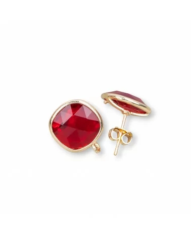 Base Per Orecchini Di Ottone A Perno Con Occhio Di Gatto Sfaccettato Quadrato 13mm 5 Paia Rosso Trasparente-BASI CON PIETRE E PERLINE | Worldofjewel.com