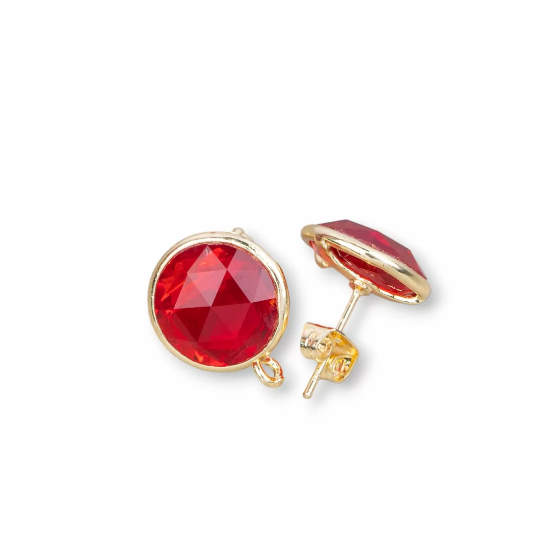 Base Per Orecchini Di Ottone A Perno Con Occhio Di Gatto Sfaccettato Tondo 13mm 5 Paia Rosso Trasparente-BASI CON PIETRE E PERLINE | Worldofjewel.com