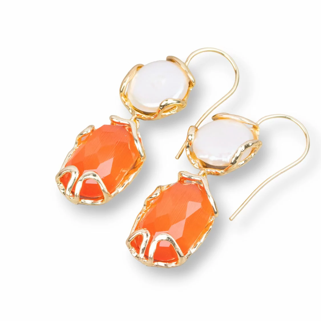 Orecchini Di Bronzo A Monachella Con Perle Di Fiume E Occhio Di Gatto 18x50mm Arancio-BRONZO CRYSTAL | Worldofjewel.com