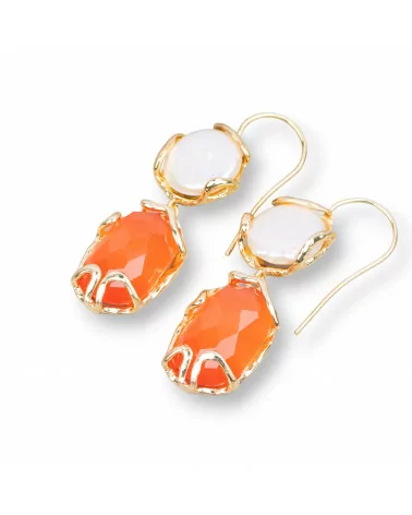 Orecchini Di Bronzo A Monachella Con Perle Di Fiume E Occhio Di Gatto 18x50mm Arancio-BRONZO CRYSTAL | Worldofjewel.com