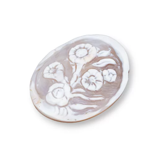 Hand Engraved Cameo Made in Italy of Sardonyx Shell Flowers Oval 40x50mm 1pc MOD1