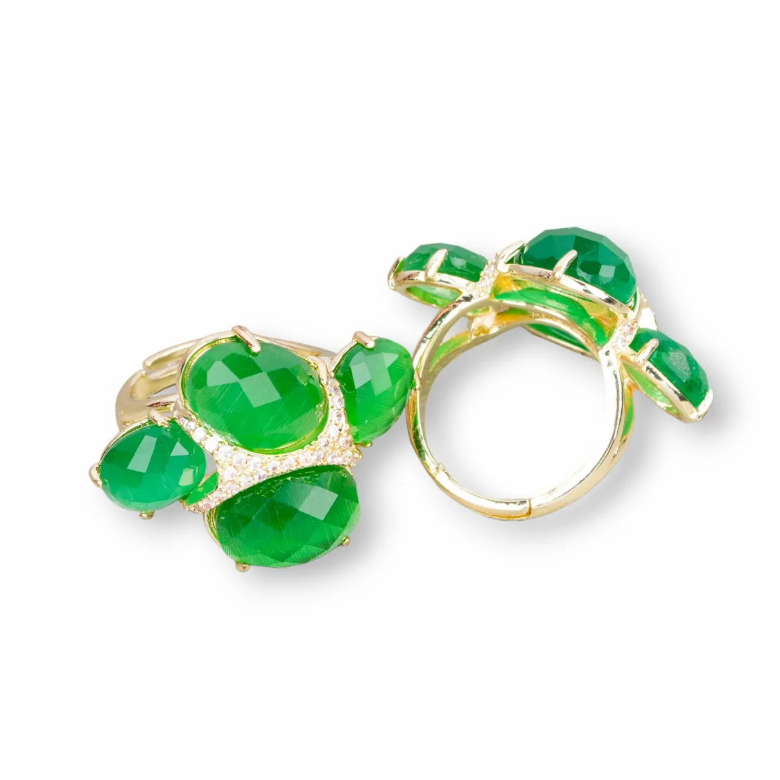 Anello Di Bronzo Con Occhio Di Gatto E Zirconi 23x30mm Misura Regolabile Dorato Verde-ANELLI BRONZO E OCCHIO DI GATTO | Worldofjewel.com