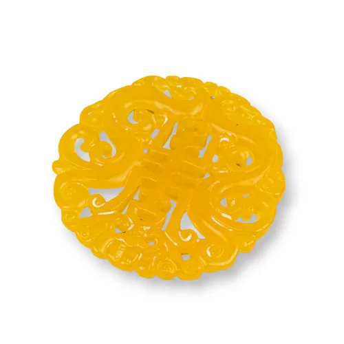 Componente Di Giada Burma Inciso Piastra 1pz Tondo 48mm Giallo-COMPONENTI DI GIADA BURMA | Worldofjewel.com