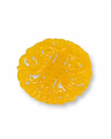 Componente Di Giada Burma Inciso Piastra 1pz Tondo 48mm Giallo-COMPONENTI DI GIADA BURMA | Worldofjewel.com