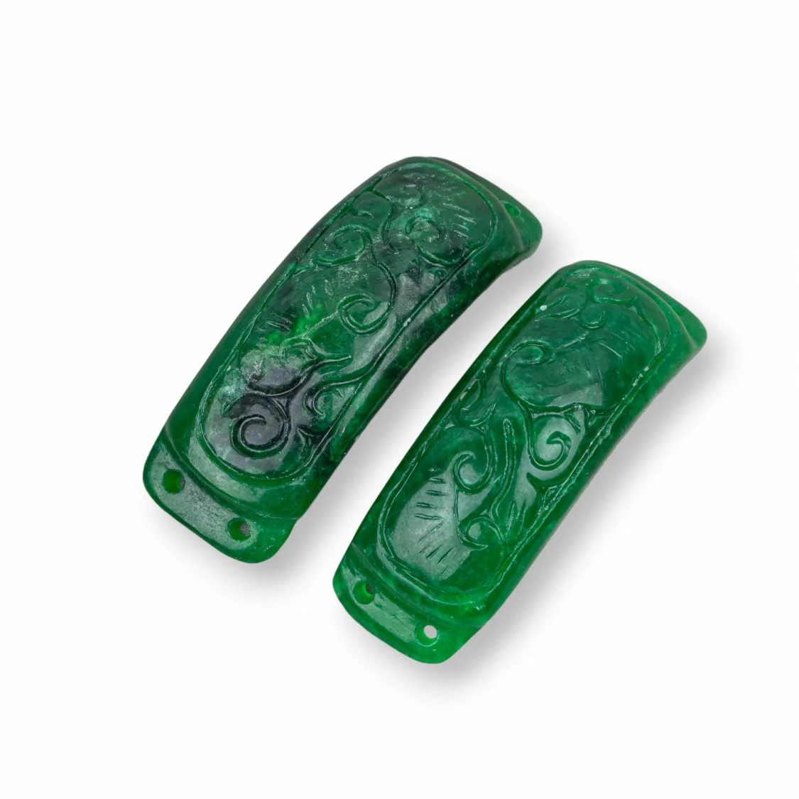 Componente Di Giada Burma Inciso Elemento 2pz Fantasia 16x48mm Verde-COMPONENTI DI GIADA BURMA | Worldofjewel.com