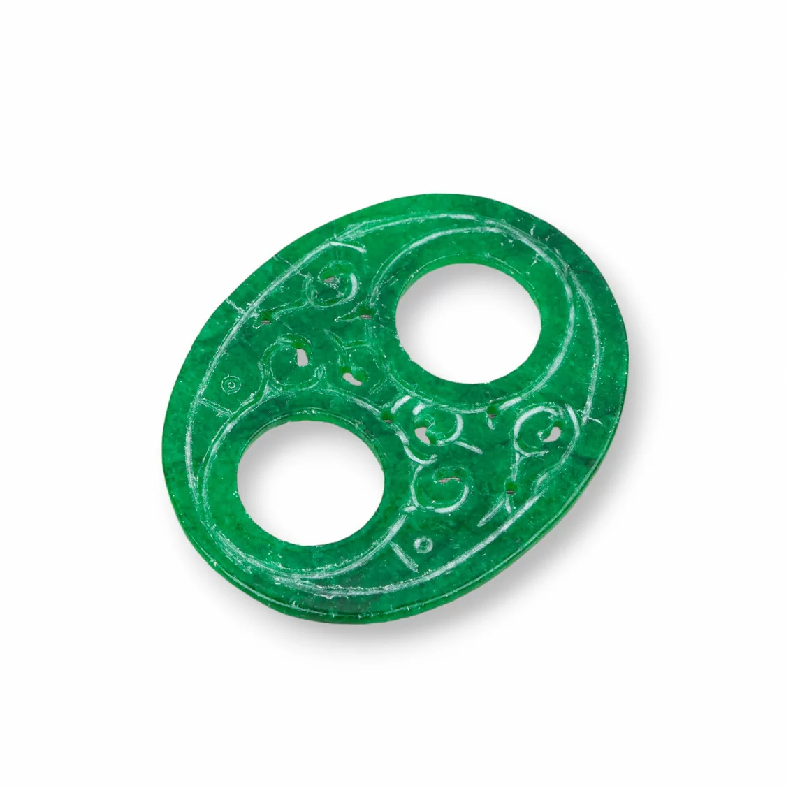 Componente Di Giada Burma Inciso Piastra 2pz Ovale Doppio Foro 43x54mm Verde-COMPONENTI DI GIADA BURMA | Worldofjewel.com