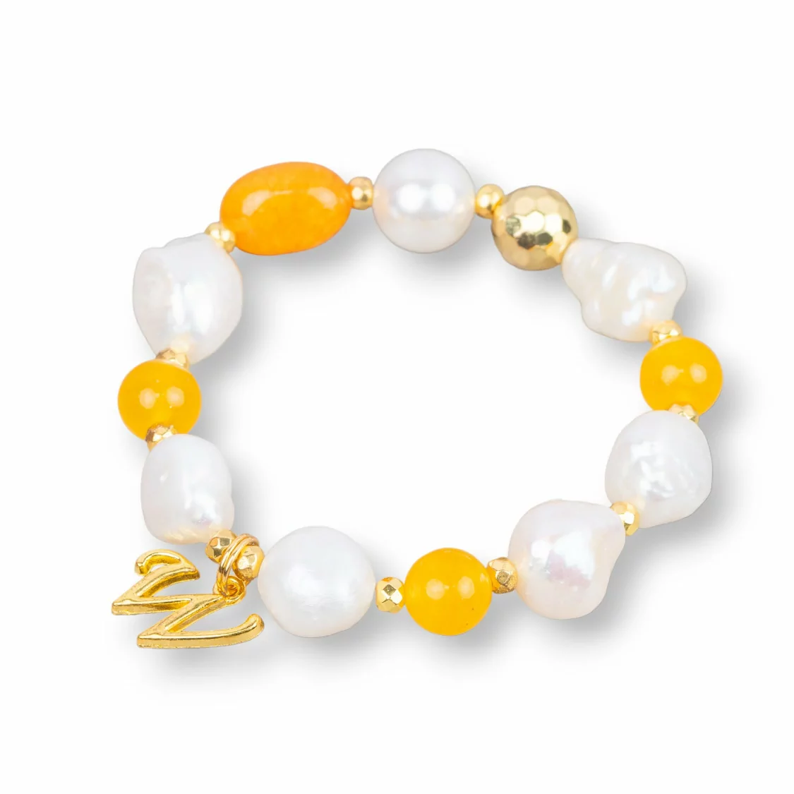 Bracciale Elastico Con Perle Di Fiume E Pietra Dure Con Ematite E Pendente Di Bronzo Dorato Giallo-BRACCIALI DI PIETRE E PERLE | Worldofjewel.com