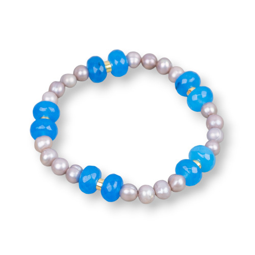 Bracelet Élastique Avec Perles D'eau Douce Et Rondelle De Jade Avec Hématite Bleue Et Grise