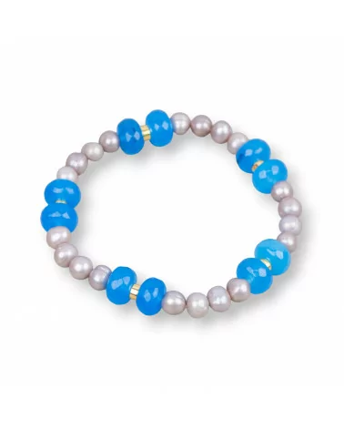 Bracciale Elastico Con Perle Di Fiume E Rondelle Di Giada Con Ematite Blu e Grigio-BRACCIALI DI PIETRE E PERLE | Worldofjewel.com