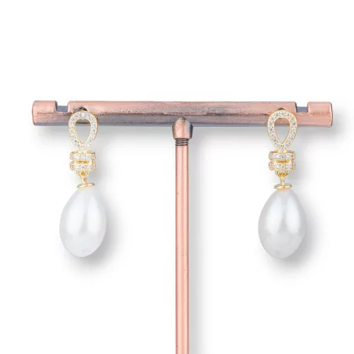 925 Silver Stud Earrings With Zircons And Freshwater Pearls 10x30mm Pearl Size 10x15mm Golden