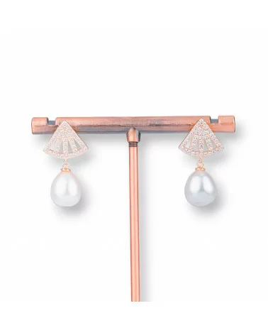 Orecchini Perno Di Argento 925 Con Zirconi E Perle Di Fiume 14x25mm Misura Perla 10x11mm Oro Rosa-ARGENTO 925 DESIGN ITALY | Worldofjewel.com