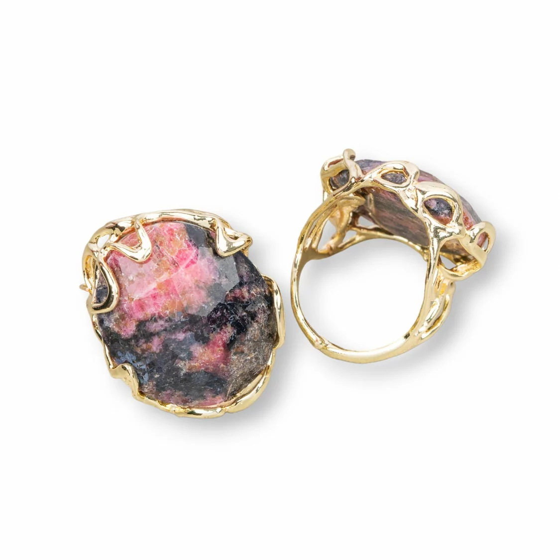 Anello Di Bronzo Collezione AURORA 28x32mm Con Pietre Dure Misura Regolabile Dorato Rodonite Grezzo-ANELLI BRONZO E OCCHIO DI GATTO | Worldofjewel.com