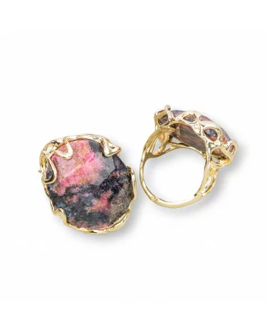 Anello Di Bronzo Collezione AURORA 28x32mm Con Pietre Dure Misura Regolabile Dorato Rodonite Grezzo-ANELLI BRONZO E OCCHIO DI GATTO | Worldofjewel.com