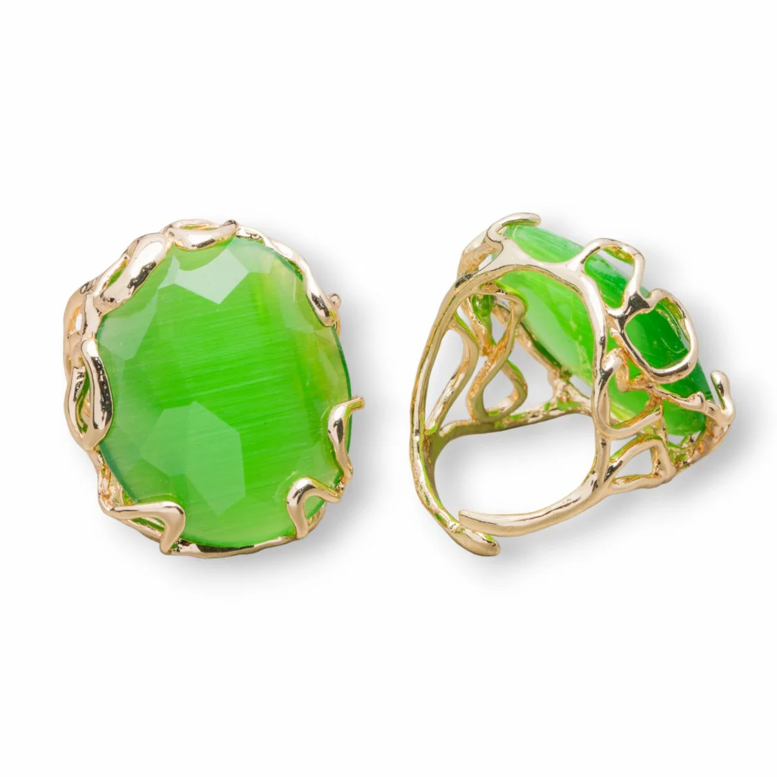 Anello Di Bronzo Collezione AURORA 28x32mm Con Occhio Di Gatto Misura Regolabile Dorato Verde Chiaro-ANELLI BRONZO E OCCHIO DI GATTO | Worldofjewel.com