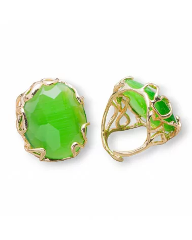 Anello Di Bronzo Collezione AURORA 28x32mm Con Occhio Di Gatto Misura Regolabile Dorato Verde Chiaro-ANELLI BRONZO E OCCHIO DI GATTO | Worldofjewel.com