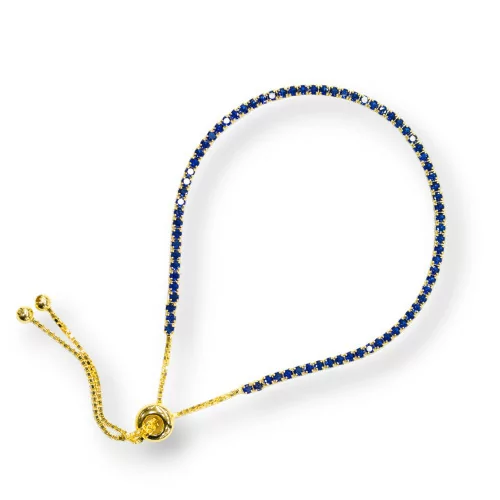 Bracciale Di Argento 925 Tennis Saliscendi Con Zirconi 2mm Dorato + Blu Zaffiro Con Misura Regolabile 1pz