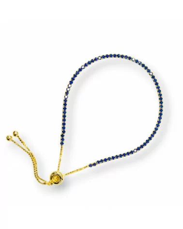 Bracciale Di Argento 925 Tennis Saliscendi Con Zirconi 2mm Dorato + Blu Zaffiro Con Misura Regolabile 1pz-BRACCIALI TENNIS | Worldofjewel.com