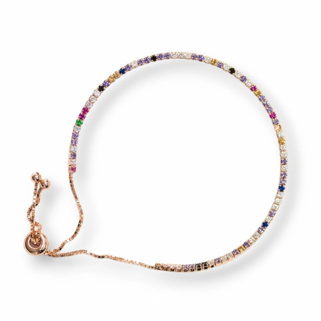 Bracciale Di Argento 925 Tennis Saliscendi Con Zirconi 2mm Oro Rosa + Multicolor Con Misura Regolabile 1pz-BRACCIALI TENNIS | Worldofjewel.com