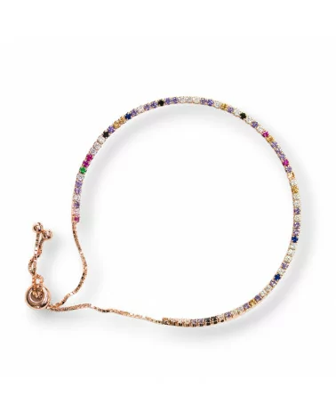 Bracciale Di Argento 925 Tennis Saliscendi Con Zirconi 2mm Oro Rosa + Multicolor Con Misura Regolabile 1pz-BRACCIALI TENNIS | Worldofjewel.com