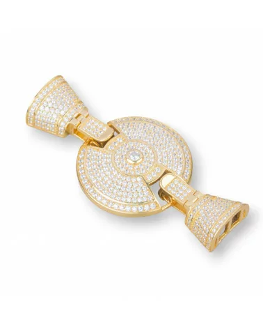 Chiusura Di Argento 925 Gancio Con Zirconi Pave' 26x55mm Con Coppette Da 14x7,5mm Con Barretta 1pz Dorato-CHIUSURE DI ARGENTO | Worldofjewel.com