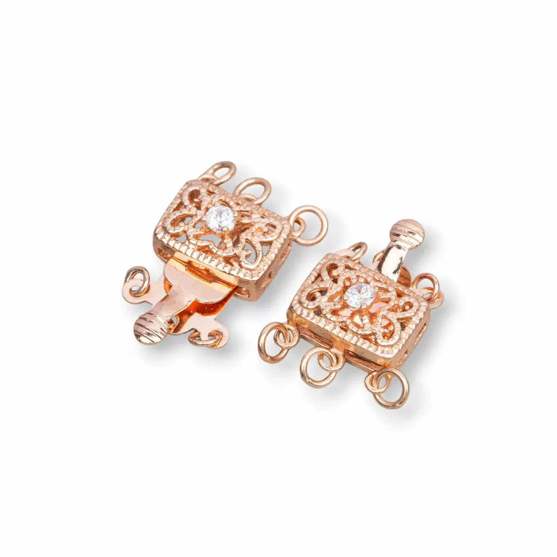 Chiusura Di Argento 925 Con Zirconi Rettangolo A 3 Fili 18x13mm 3pz Oro Rosa-CHIUSURE DI ARGENTO | Worldofjewel.com