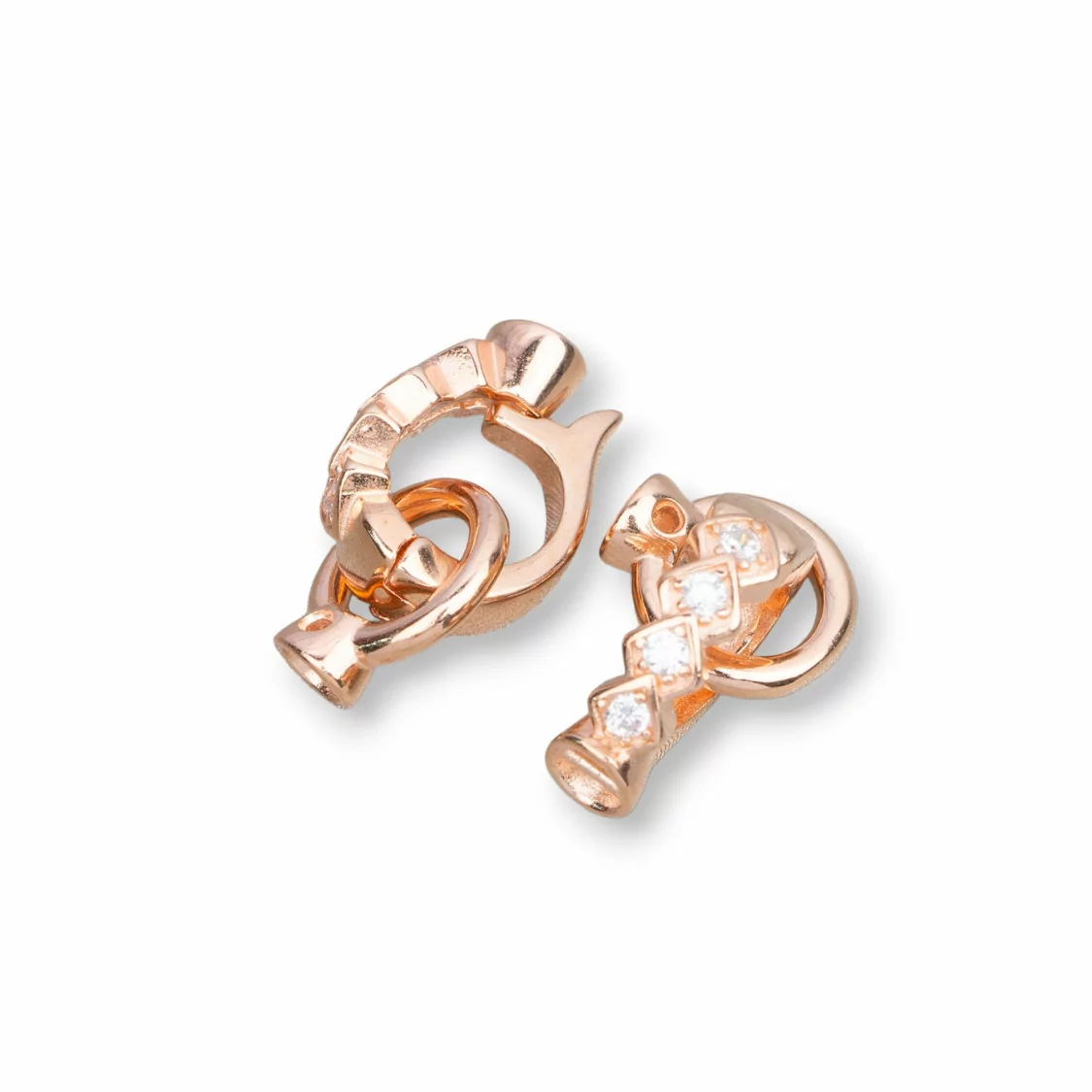 Chiusura Di Argento 925 Doppio Cerchio Con Zirconi 4 Rombi E Coppetta Da 4mm 3pz Oro Rosa-CHIUSURE DI ARGENTO | Worldofjewel.com