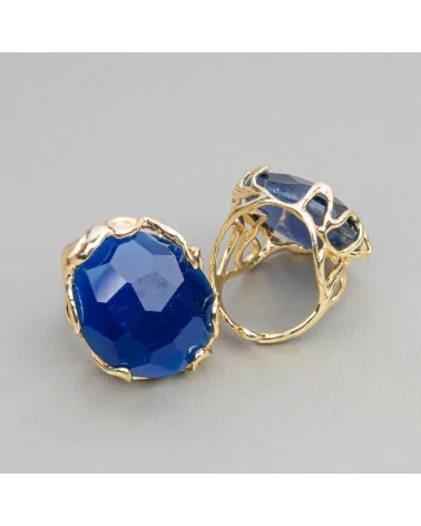 Anello Di Bronzo Collezione AURORA 28x32mm Con Occhio Di Gatto Misura Regolabile Dorato Blu Scuro-ANELLI BRONZO CON PIETRE INCASTONATE | Worldofjewel.com