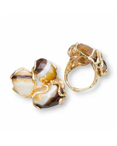 Anello Di Bronzo Collezione AURORA 32x36mm Con Pietre Dure Misura Regolabile Dorato Agata Striata Marrone Chiaro-ANELLI BRONZO E OCCHIO DI GATTO | Worldofjewel.com