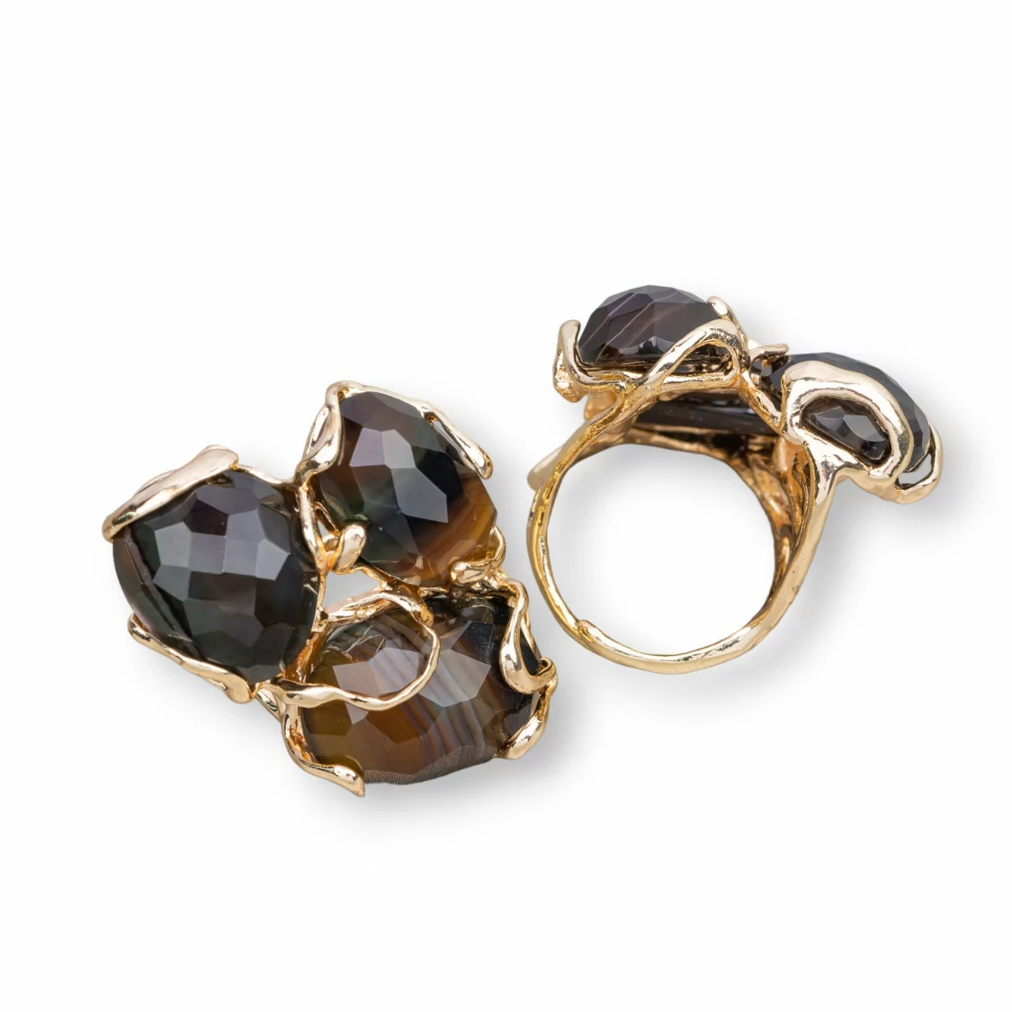 Anello Di Bronzo Collezione AURORA 32x36mm Con Pietre Dure Misura Regolabile Dorato Agata Striata Marrone Scuro-ANELLI BRONZO E OCCHIO DI GATTO | Worldofjewel.com