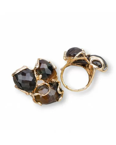 Anello Di Bronzo Collezione AURORA 32x36mm Con Pietre Dure Misura Regolabile Dorato Agata Striata Marrone Scuro-ANELLI BRONZO E OCCHIO DI GATTO | Worldofjewel.com