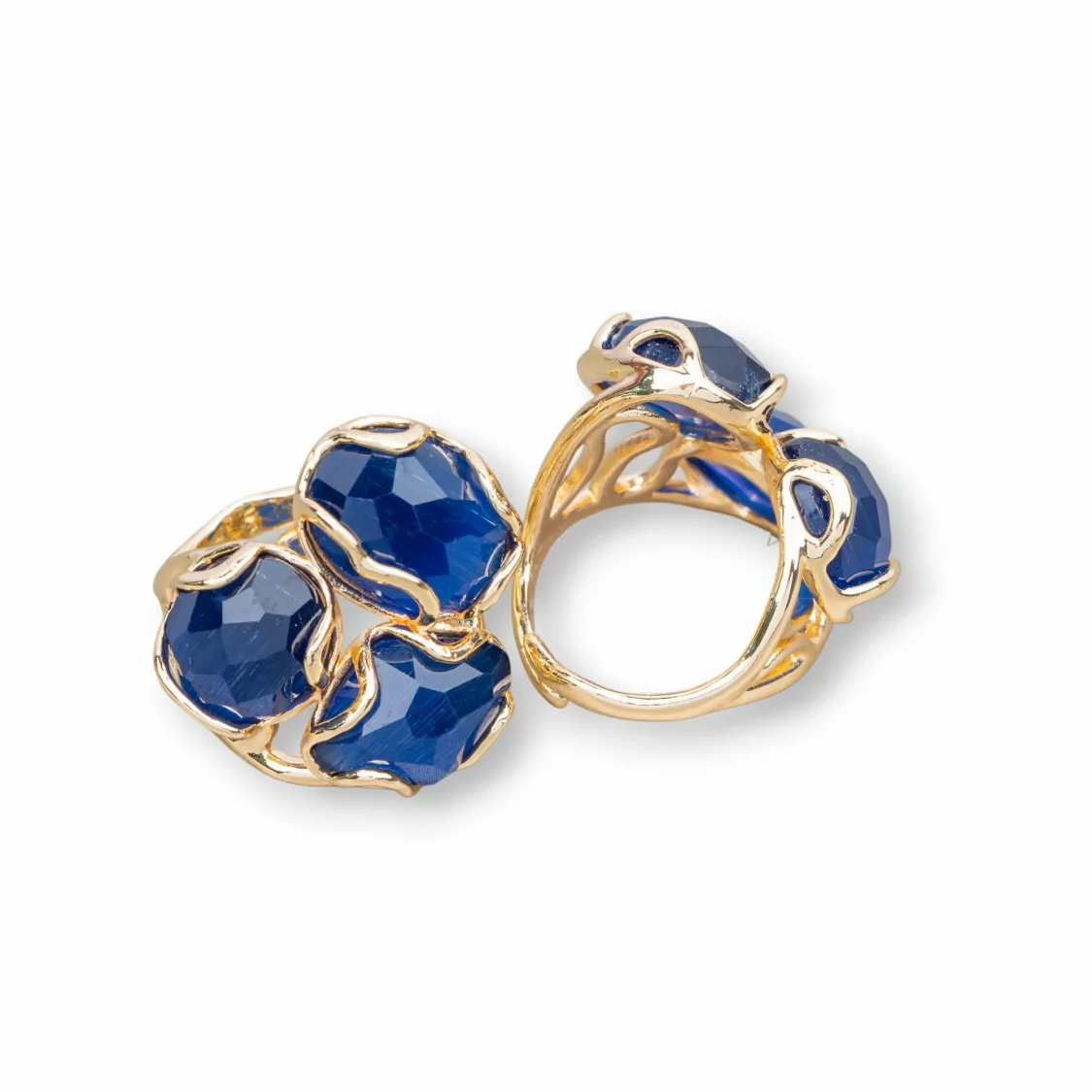 Anello Di Bronzo Collezione AURORA 25x27mm Con Occhio Di Gatto Misura Regolabile Dorato Blu Intenso-ANELLI BRONZO E OCCHIO DI GATTO | Worldofjewel.com