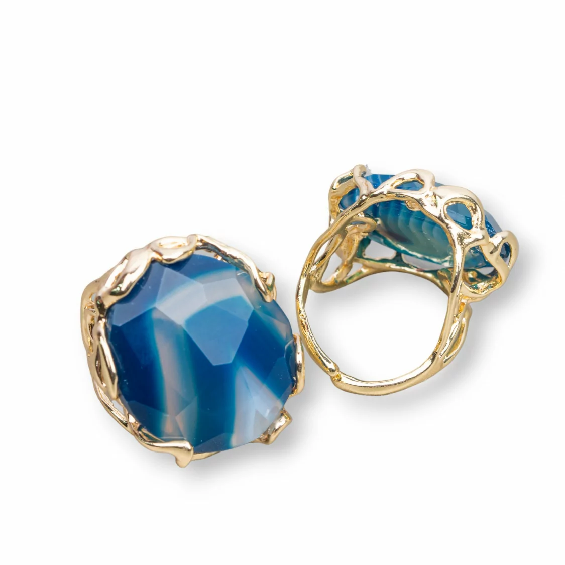 Anello Di Bronzo Collezione AURORA 28x32mm Con Pietre Dure Misura Regolabile Dorato Agata Blu Striata Intenso-ANELLI BRONZO E OCCHIO DI GATTO | Worldofjewel.com