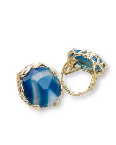 Anello Di Bronzo Collezione AURORA 28x32mm Con Pietre Dure Misura Regolabile Dorato Agata Blu Striata Intenso-ANELLI BRONZO E OCCHIO DI GATTO | Worldofjewel.com