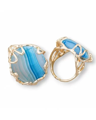 Anello Di Bronzo Collezione AURORA 28x32mm Con Pietre Dure Misura Regolabile Dorato Agata Blu Striata Medio-ANELLI BRONZO CON PIETRE INCASTONATE | Worldofjewel.com