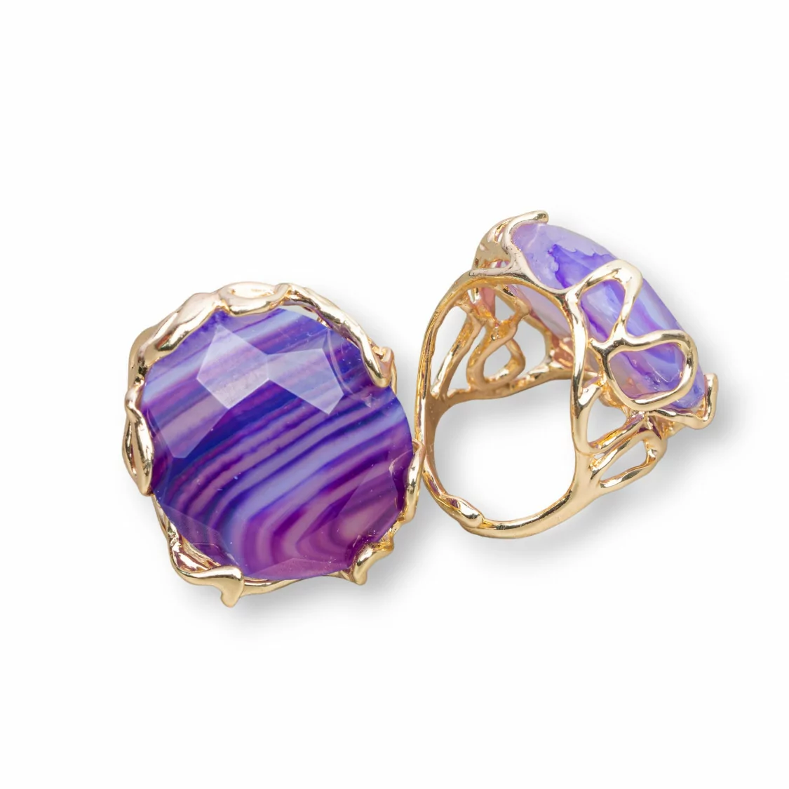 Anello Di Bronzo Collezione AURORA 28x32mm Con Pietre Dure Misura Regolabile Dorato Agata Viola Striata Intenso-ANELLI BRONZO CON PIETRE INCASTONATE | Worldofjewel.com