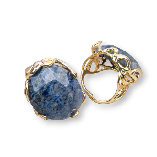 Anello Di Bronzo Con Pietra Naturale Irregolare 28x32mm Misura Regolabile Dorato Sodalite Grezzo