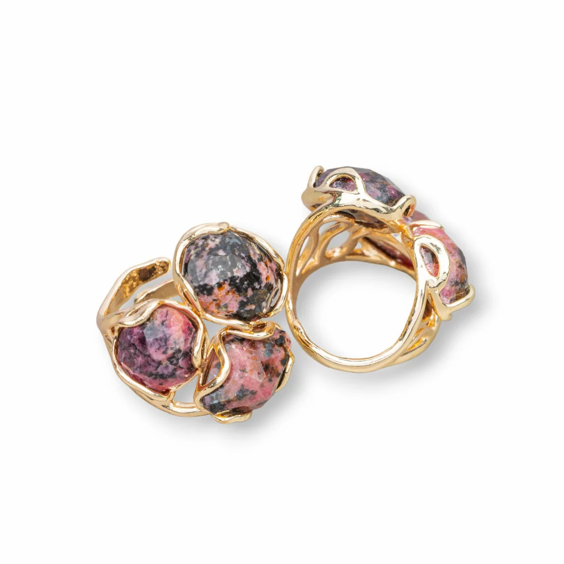 Anello Di Bronzo Collezione AURORA 25x27mm Con Pietre Dure Misura Regolabile Dorato Rodonite-ANELLI BRONZO E OCCHIO DI GATTO | Worldofjewel.com