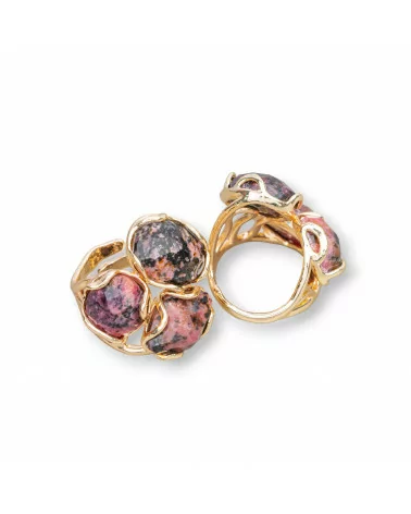 Anello Di Bronzo Collezione AURORA 25x27mm Con Pietre Dure Misura Regolabile Dorato Rodonite-ANELLI BRONZO E OCCHIO DI GATTO | Worldofjewel.com