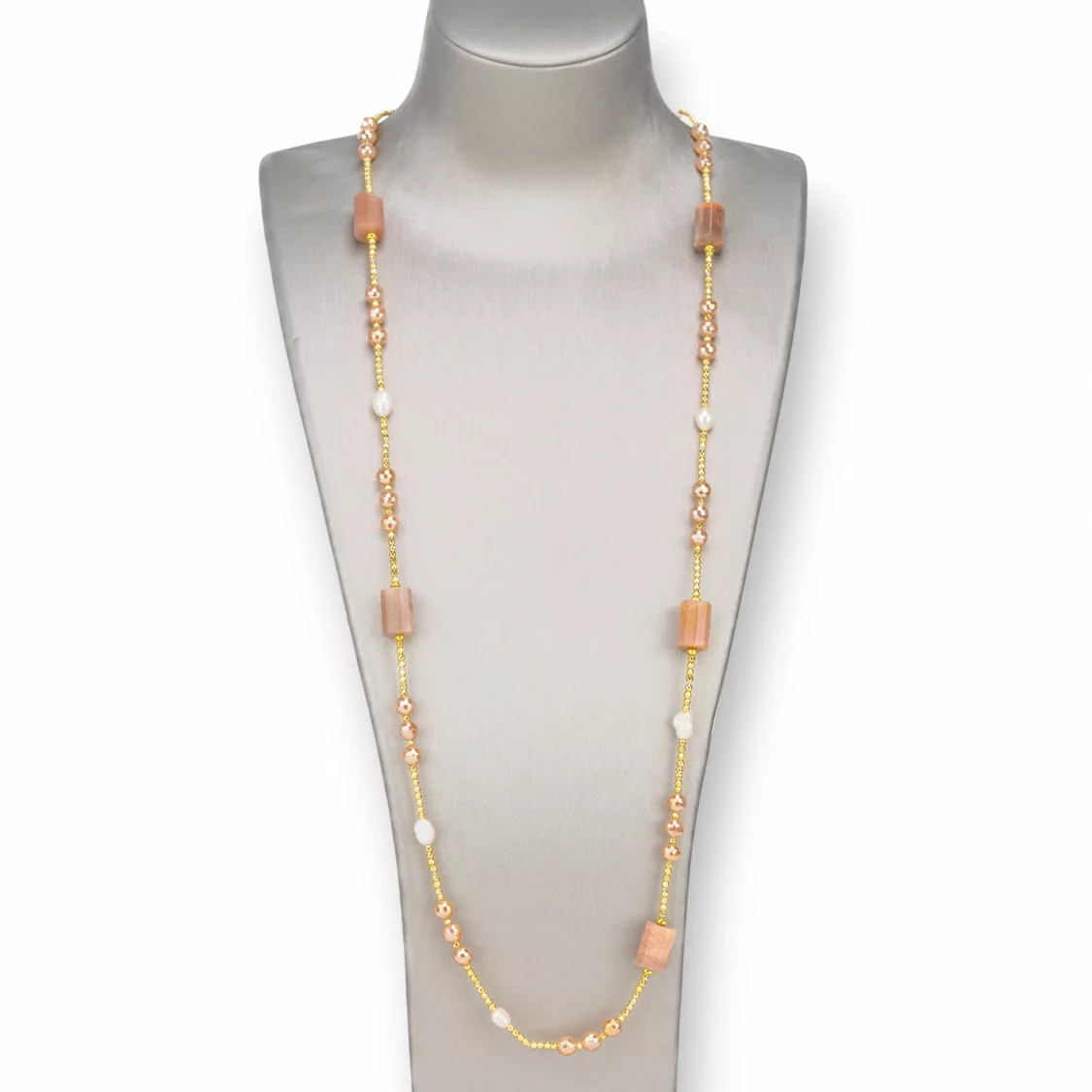 Collana Bijoux Con Perle Di Fiume, Ematite, Pietre Dure Annodate 90cm Pietra Del Sole Rosa-DESIGN ITALY | Worldofjewel.com