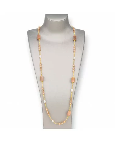 Collana Bijoux Con Perle Di Fiume, Ematite, Pietre Dure Annodate 90cm Pietra Del Sole Rosa-DESIGN ITALY | Worldofjewel.com