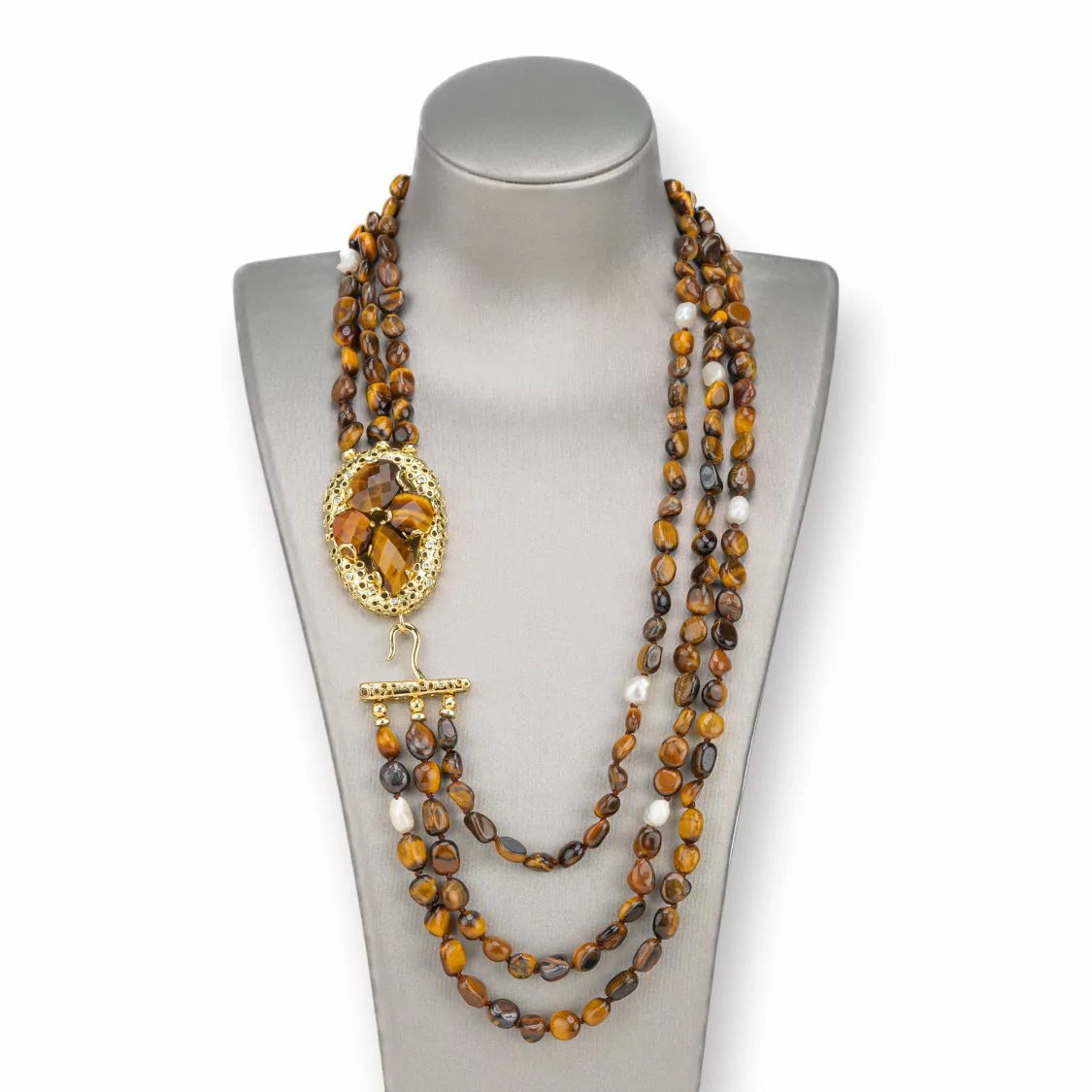 Collana Bijoux Con Pietre Dure e Perle Di Fiume a 3 File, Con Chiusura Centrale Di Bronzo Zirconi e Pietre 50cm Occhio Di Tigre-DESIGN ITALY | Worldofjewel.com